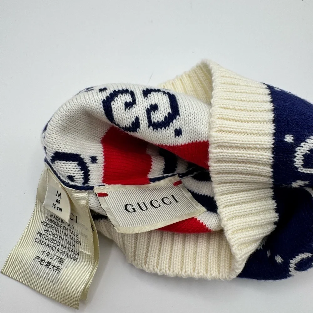 Gucci Cream Navy & Red GG Knit Beanie baby medium